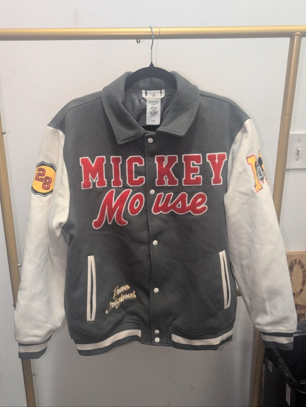 Mens Disney Gray/White Mickey Mouse Varsity Bomber Jacket Size M NWOT